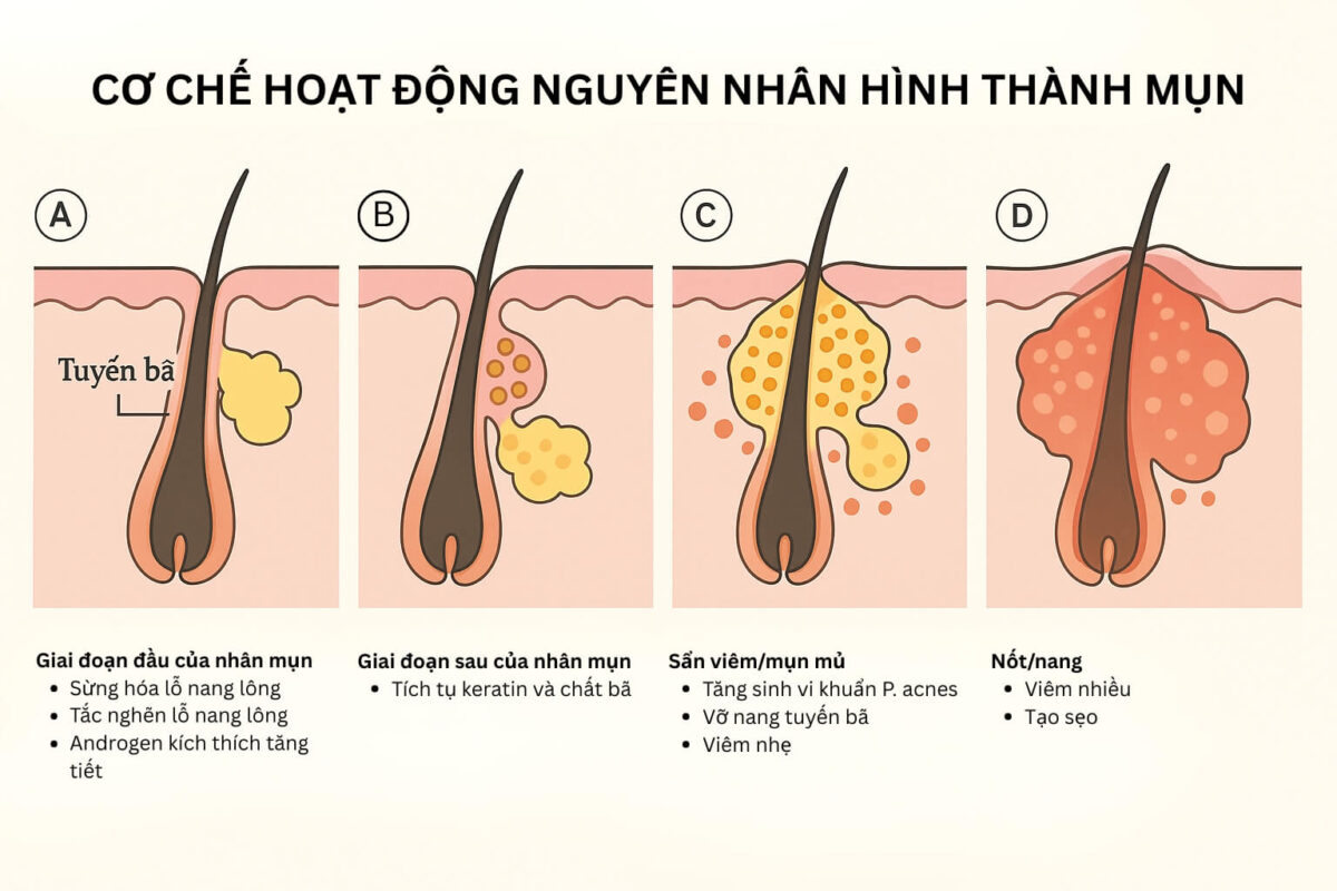 Hiểu Rõ 6 Loại Mụn Cơ Bản - Từ Mụn Bọc đến Mụn Ẩn 1 Cơ chế hình thành mụn với lỗ chân lông bị tắc bởi bã nhờn và vi khuẩn.