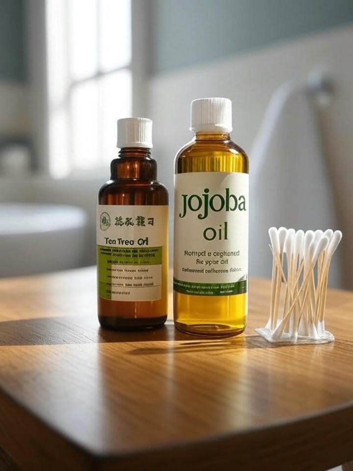 Cách Trị Mụn Tại Nhà Hiệu Quả - Top 10 Phương Pháp Tự Nhiên 4 Hình ảnh lọ dầu cây trà bên cạnh chai dầu jojoba và tăm bông, minh họa cách chấm mụn tại nhà