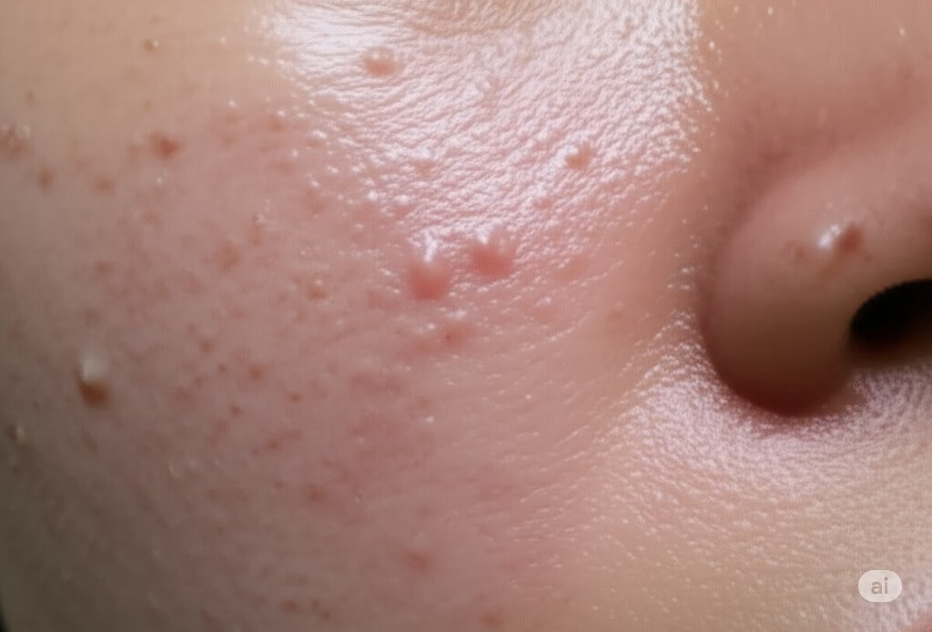 Hiểu Rõ 6 Loại Mụn Cơ Bản - Từ Mụn Bọc đến Mụn Ẩn 3 Mụn ẩn dưới da ở vùng trán và cằm, gây sần sùi