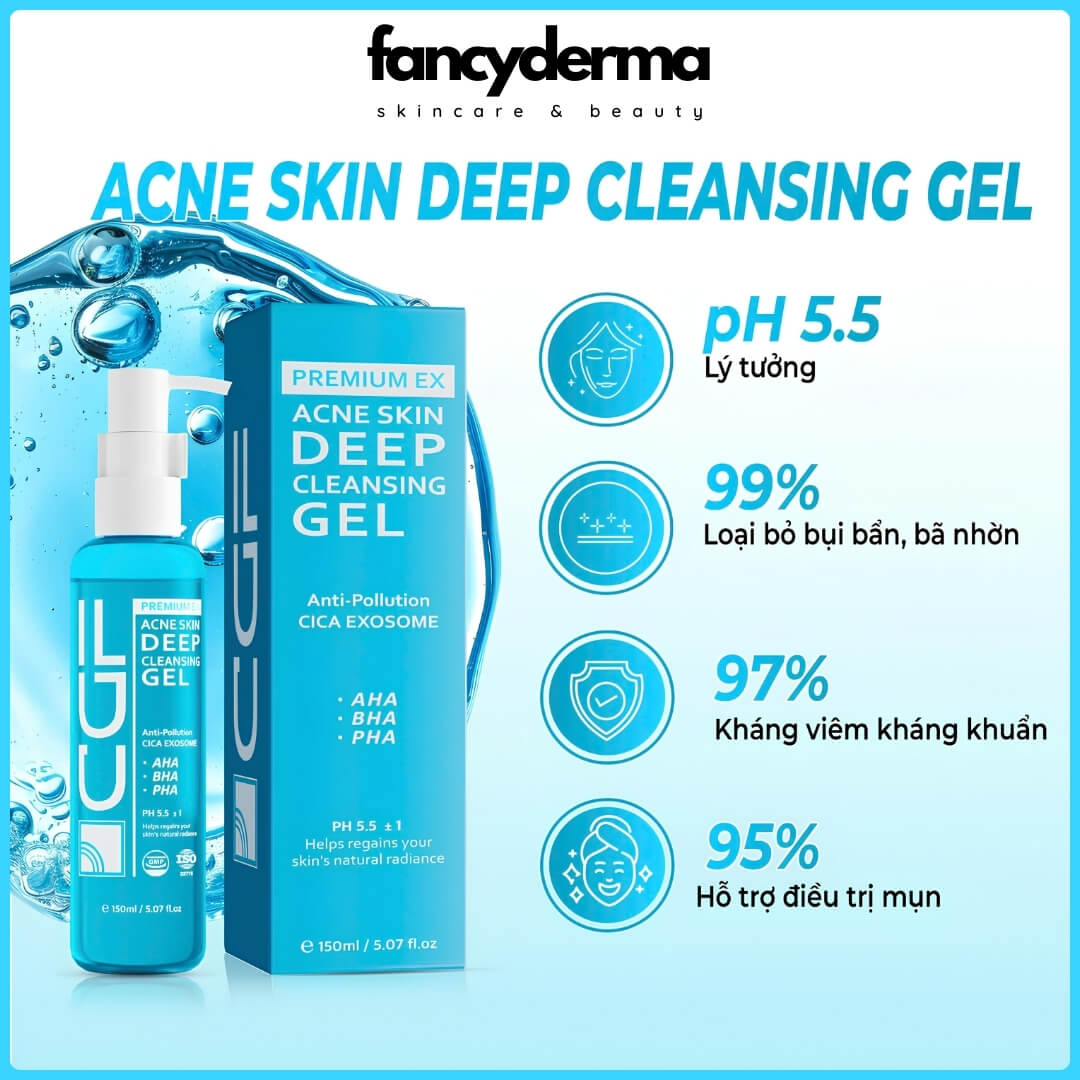 Sữa Rửa Mặt CGF Acne Skin Deep Cleansing Gel, Da Dầu Mụn, Cân Bằng PH, Sạch Sâu 150ML 12 CGF Acne Skin Deep Cleansing Gel 150ML, cân bằng pH, hỗ trợ hạn chế mụn, công nghệ Hàn Quốc, từ Fancyderma.