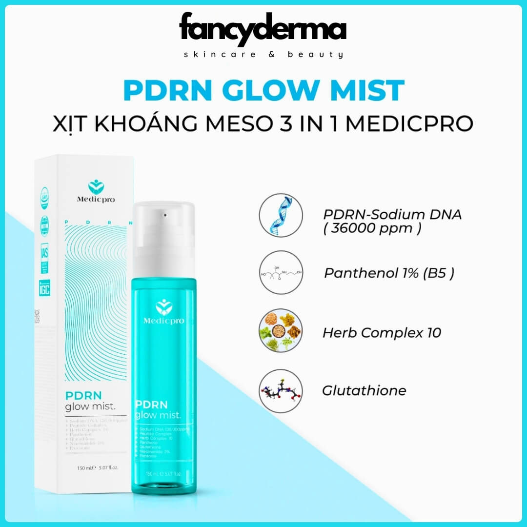 Xịt Khoáng PDRN Glow Mist Medicpro MESO 3 in 1, Cấp Ẩm, Cân Bằng PH, Cung Cấp Dưỡng Chất 150ML 10 PDRN Glow Mist Medicpro 150ML, cân bằng pH, cung cấp dưỡng chất, công nghệ Việt Nam, từ Fancyderma.