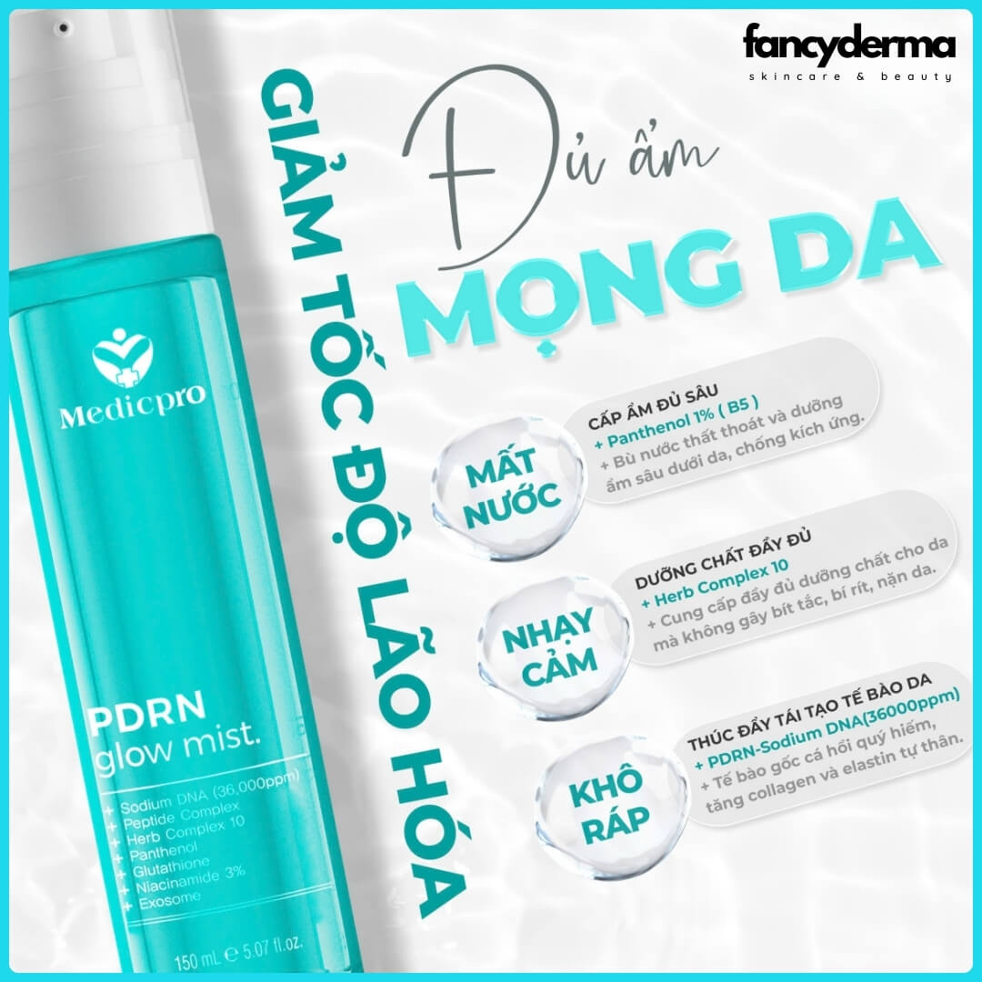 Xịt Khoáng PDRN Glow Mist Medicpro MESO 3 in 1, Cấp Ẩm, Cân Bằng PH, Cung Cấp Dưỡng Chất 150ML 11 Xịt Khoáng Medicpro MESO 3 in 1 150ML, hỗ trợ sáng da, cấp ẩm sâu, thương hiệu CGF, từ Fancyderma.