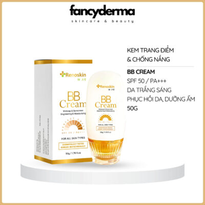 Kem Chống Nắng Và Trang Điểm BB Cream Renoskin 50G chai trắng vàng, công nghệ Hàn Quốc, SPF 50+ PA+++, sáng mịn da, từ Fancyderma.