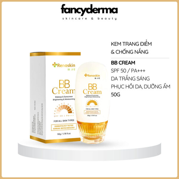 Kem Chống Nắng Và Trang Điểm BB Cream Renoskin 50G chai trắng vàng, công nghệ Hàn Quốc, SPF 50+ PA+++, sáng mịn da, từ Fancyderma.