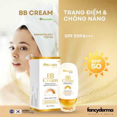 Kem Chống Nắng Và Trang Điểm BB Cream, Che Khuyết Điểm SPF 50+ PA+++ 50G 9 Chai Kem Chống Nắng BB Cream Renoskin SPF 50+ PA+++ 50G màu trắng vàng bên hộp, che khuyết điểm, bảo vệ da, từ Fancyderma.