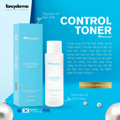 Nước Cân Bằng Da Control Toner, Loại Bỏ Dầu Thừa, Tẩy Tế Bào Chết, Sạch Sâu 150ML 9 Chai Nước Cân Bằng Da Control Toner Renoskin 150ML trắng tinh tế bên hộp xanh, loại bỏ dầu thừa, tẩy tế bào chết, sạch sâu lỗ chân lông, từ Fancyderma.