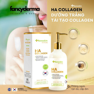 Sữa Dưỡng Ẩm Massage HA Collagen Trắng Sáng 300ML 9 Chai Sữa Dưỡng Ẩm Massage HA Collagen Renoskin 300ML màu trắng bên hộp, dưỡng trắng, tái tạo da, từ Fancyderma.