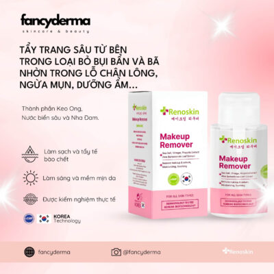 Nước Tẩy Trang Makeup Remover, Làm Da Sáng Mịn, Sạch Tế Bào Chết 200ML 9 Chai Nước Tẩy Trang Makeup Remover Renoskin 200ML trắng tinh tế bên hộp hồng, làm sạch sâu, sáng mịn da, từ Fancyderma