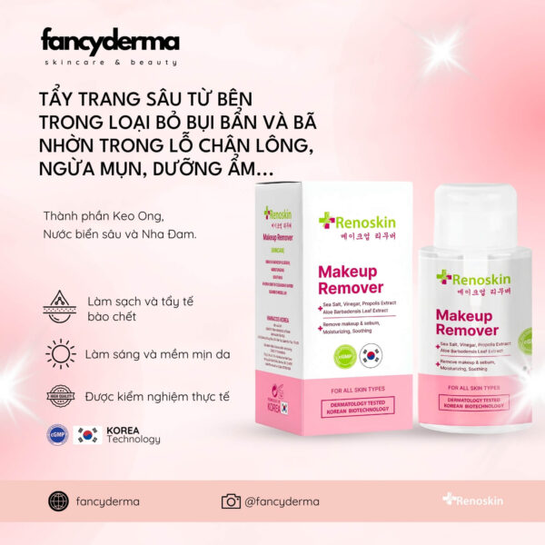 Chai Nước Tẩy Trang Makeup Remover Renoskin 200ML trắng tinh tế bên hộp hồng, làm sạch sâu, sáng mịn da, từ Fancyderma