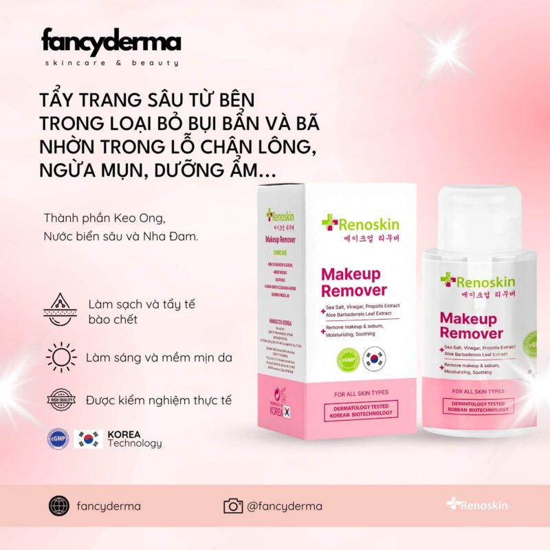 Các bước dưỡng da ban đêm - Hướng dẫn chi tiết 7 bước chăm sóc da khỏe đẹp 3 Chai Nước Tẩy Trang Makeup Remover Renoskin 200ML trắng tinh tế bên hộp hồng, làm sạch sâu, sáng mịn da, từ Fancyderma