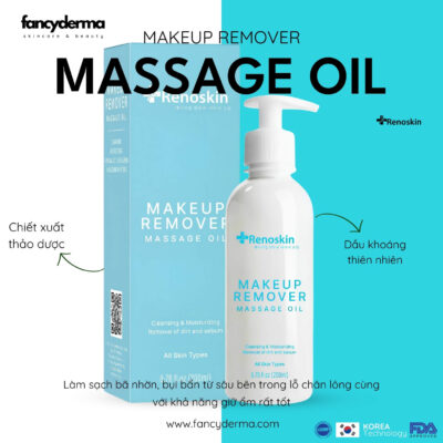 Dầu Massage Tẩy Trang Makeup Remover, Sạch Bã Nhờn, Bụi Bẩn 200ML 7 Chai Dầu Massage Tẩy Trang Makeup Remover Renoskin 200ML màu trắng với hộp xanh, làm sạch sâu bã nhờn, bụi bẩn, dưỡng ẩm da, từ Fancyderma.