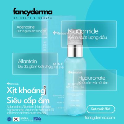 Xịt Khoáng Mineral Spring HA, Dưỡng Ẩm Dịu Da 100ML 9 Xịt Khoáng Mineral Spring HA Renoskin 100ML với thành phần Hyaluronate, Niacinamide, làm dịu da, phân phối bởi Fancyderma