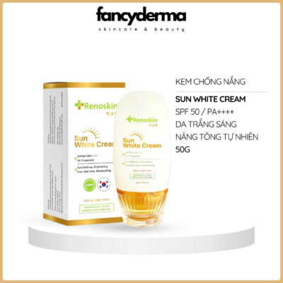 Kem Chống Nắng Sun White Cream, Dưỡng Trắng Cấp Ẩm SPF 50+ PA++++ 50G 8 Kem Chống Nắng Sun White Cream Renoskin 50G chai trắng vàng, công nghệ Hàn Quốc, SPF 50+ PA++++, làm sáng da, từ Fancyderma.