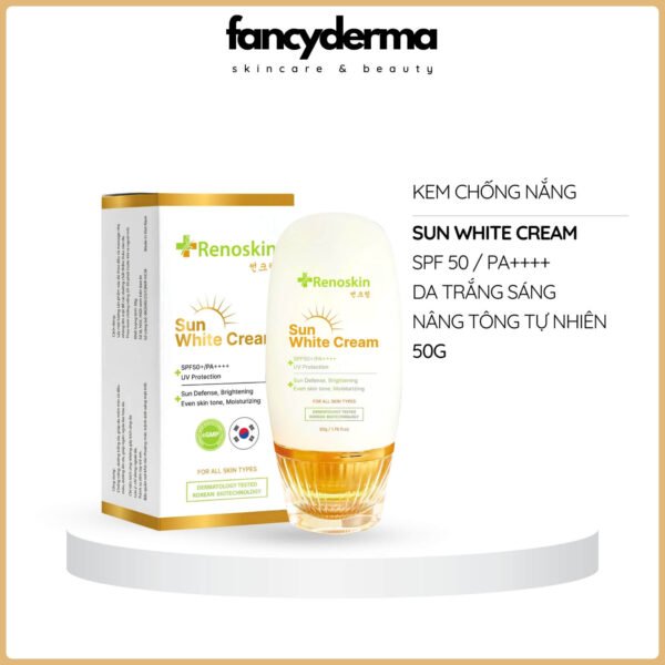 Kem Chống Nắng Sun White Cream Renoskin 50G chai trắng vàng, công nghệ Hàn Quốc, SPF 50+ PA++++, làm sáng da, từ Fancyderma.