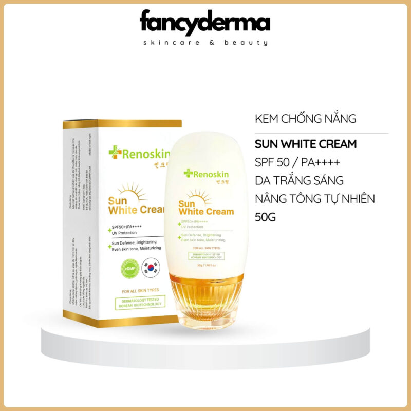 Review Kem Chống Nắng Sun White Cream SPF 50+ PA++++ 50G Renoskin – Bảo Vệ Da, Dưỡng Trắng Hiệu Quả 6 Kem Chống Nắng Sun White Cream Renoskin 50G chai trắng vàng, công nghệ Hàn Quốc, SPF 50+ PA++++, làm sáng da, từ Fancyderma.