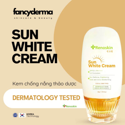 Kem Chống Nắng Sun White Cream, Dưỡng Trắng Cấp Ẩm SPF 50+ PA++++ 50G 10 Sun White Cream Renoskin SPF 50+ PA++++ 50G chai trắng, thiết kế tiện lợi, dưỡng trắng, bảo vệ da, đạt chuẩn FDA, từ Fancyderma.