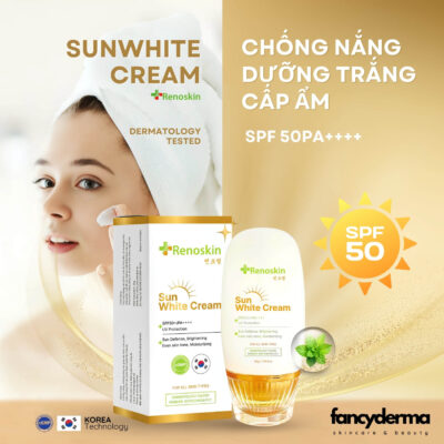 Kem Chống Nắng Sun White Cream, Dưỡng Trắng Cấp Ẩm SPF 50+ PA++++ 50G 9 Chai Kem Chống Nắng Sun White Cream Renoskin SPF 50+ PA++++ 50G màu trắng vàng bên hộp, dưỡng trắng, cấp ẩm, từ Fancyderma.