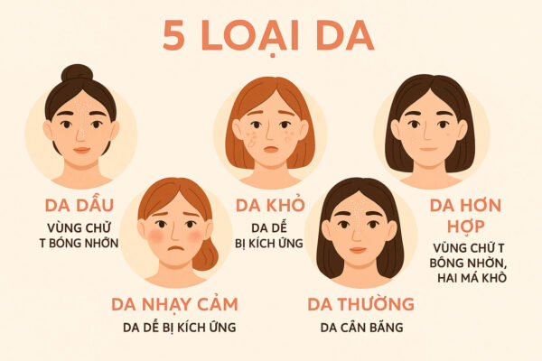 Infographic các loại da: da dầu, da khô, da nhạy cảm, da hỗn hợp, da thường