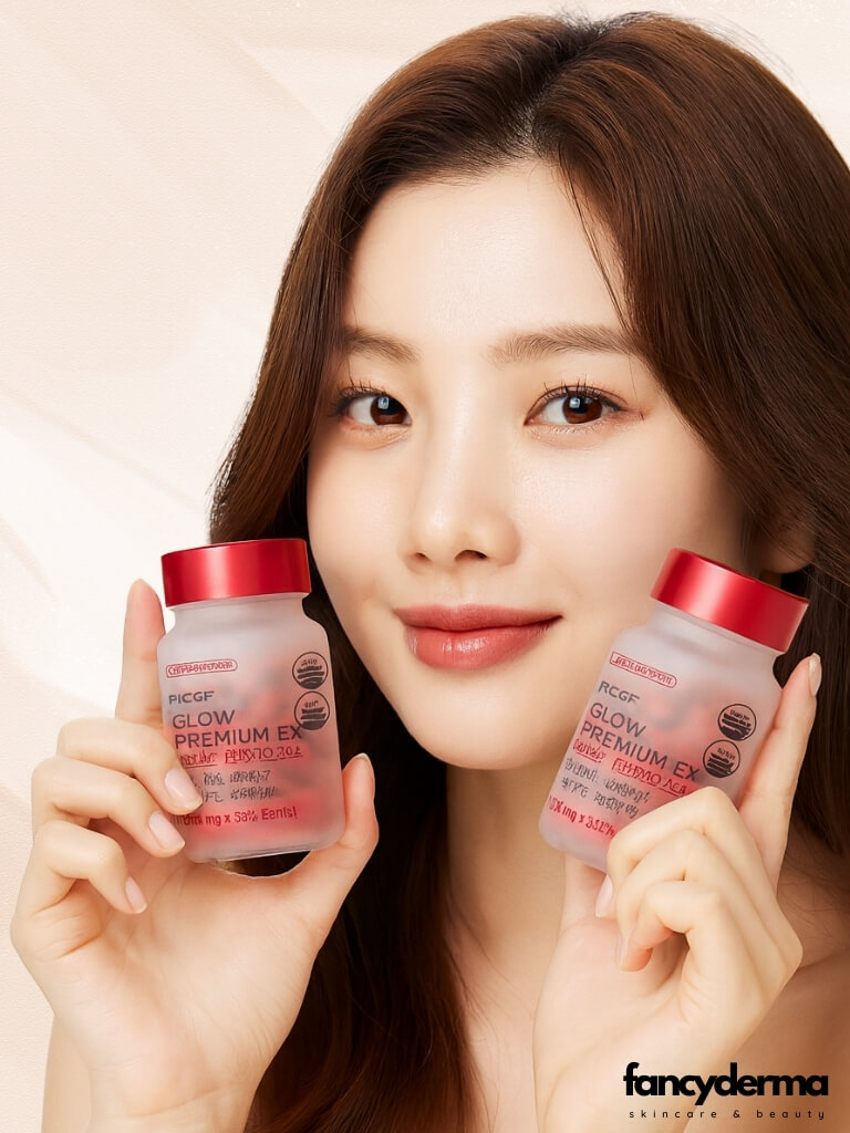 Người mẫu cầm Viên Uống Trắng Da CGF GLOW AND BEAUTY PREMIUM EX, nở nụ cười tươi với làn da rạng rỡ
