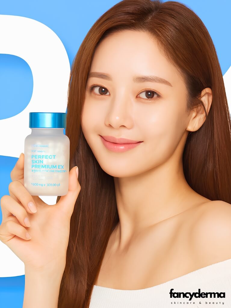 Người mẫu cầm Viên Uống Giảm Mụn CGF Perfect Skin Premium EX, nở nụ cười tươi với làn da sạch mụn