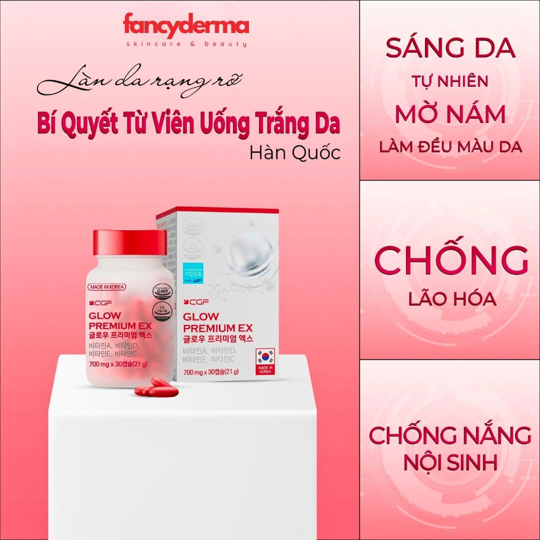 Viên Uống Trắng Da CGF GLOW AND BEAUTY PREMIUM EX, Trắng Da Toàn Thân, Mờ Thâm Nám, Đẹp Da 21g 8 Thành phần viên uống trắng da CGF Glow Premium EX với Glutathione, L-Cystine và chiết xuất dương xỉ, tối ưu cho làn da sáng mịn - Mua chính hãng tại Fancyderma