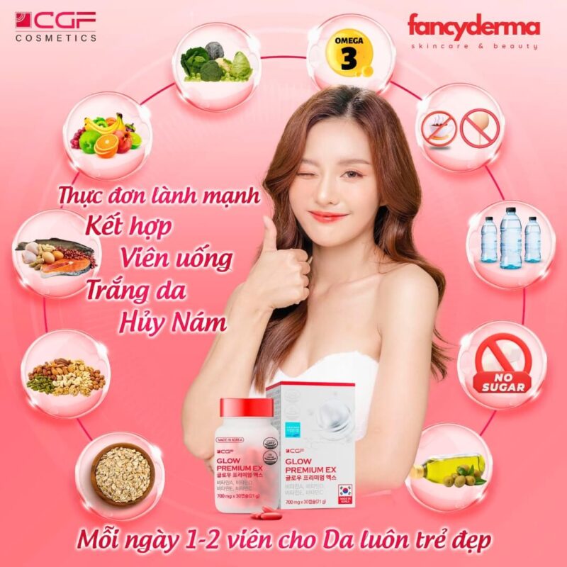 Viên uống trắng da CGF Glow Premium EX với chiết xuất dương xỉ, bảo vệ da khỏi tia UV, ngăn lão hóa hiệu quả - Fancyderma phân phối chính hãng