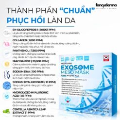 Infographic thành phần mặt nạ exosome Medicpro với exosome meso, niacinamide và rau má, hỗ trợ sạch mụn và dưỡng da.