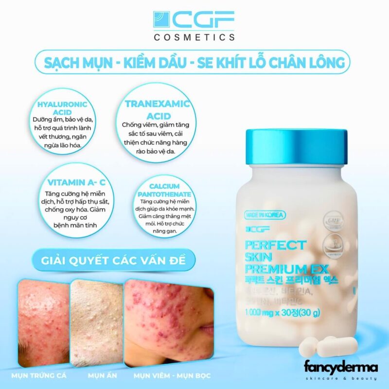 Thành phần viên uống giảm mụn nội tiết CGF Perfect Skin Premium EX với tranexamic acid và calcium pantothenate, giảm mụn hiệu quả.