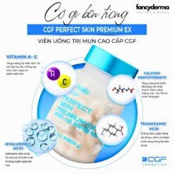 Viên uống giảm mụn CGF Perfect Skin Premium EX chứa hyaluronic acid và vitamin A-C, hỗ trợ làn da mịn màng.