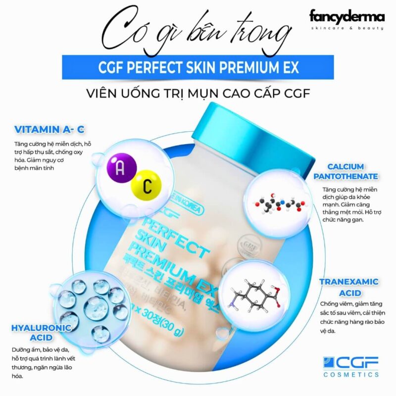Viên uống giảm mụn CGF Perfect Skin Premium EX chứa hyaluronic acid và vitamin A-C, hỗ trợ làn da mịn màng.