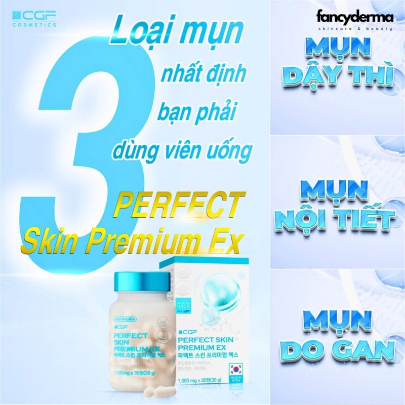 Viên uống giảm mụn CGF Perfect Skin Premium EX giúp kiềm dầu, se khít lỗ chân lông, mang lại làn da thông thoáng.