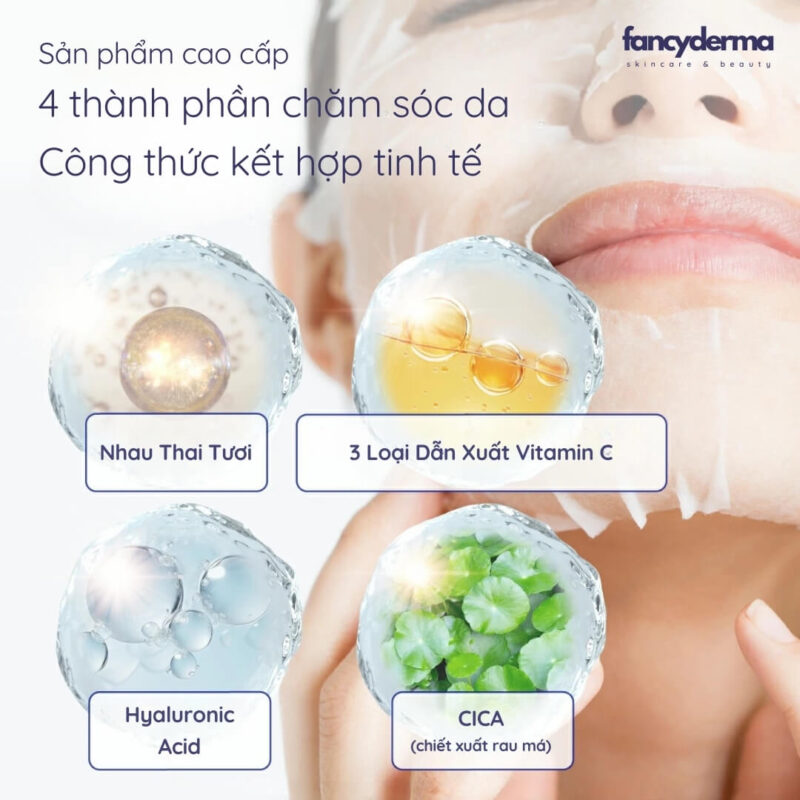 Infographic mặt nạ nhau thai Preier Neige Moist Rich, mặt nạ tế bào gốc làm trắng và cấp ẩm.