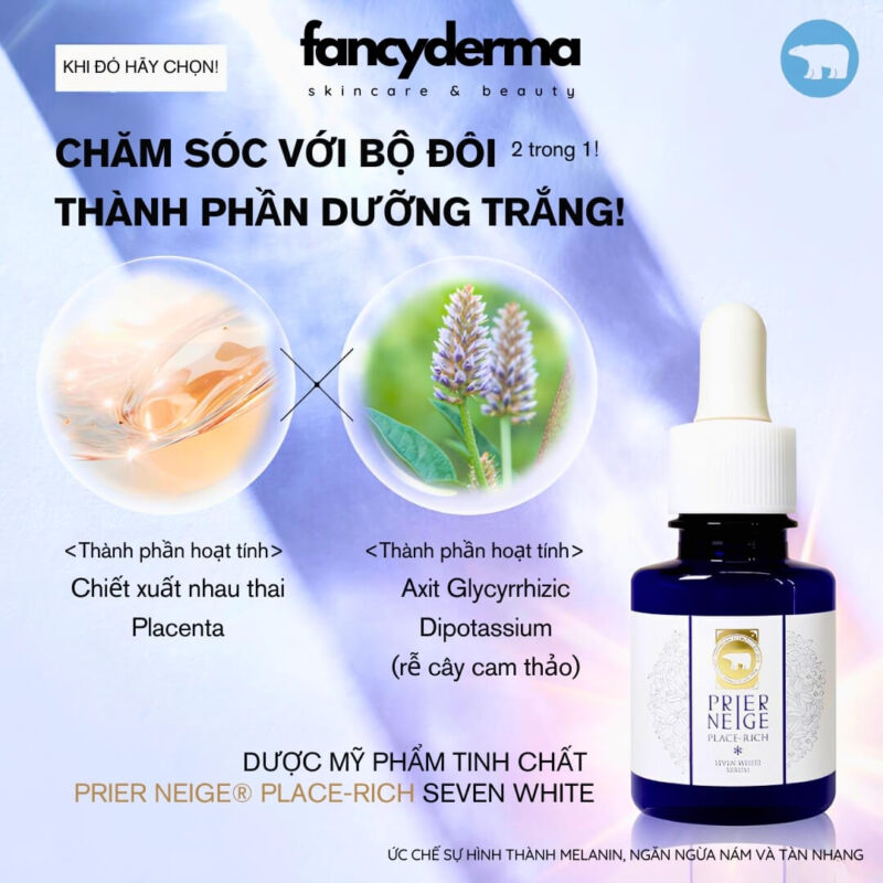 Infographic serum dưỡng trắng da Seven White, chứa nhau thai và axit glycolic, giúp mờ thâm nám.