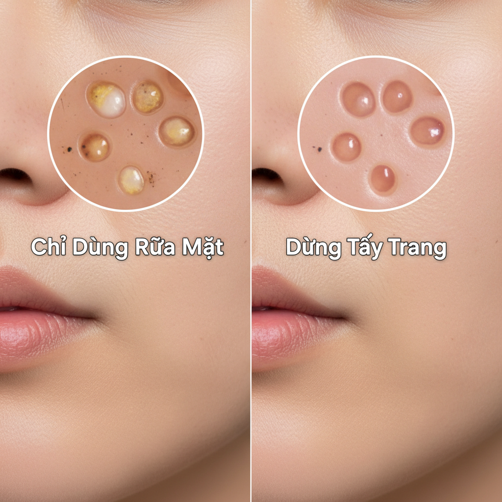 Hình ảnh so sánh cận cảnh lỗ chân lông trước và sau khi tẩy trang. Một bên cho thấy lỗ chân lông vẫn còn bít tắc dù đã rửa mặt, bên còn lại cho thấy lỗ chân lông sạch hoàn toàn sau khi dùng tẩy trang.