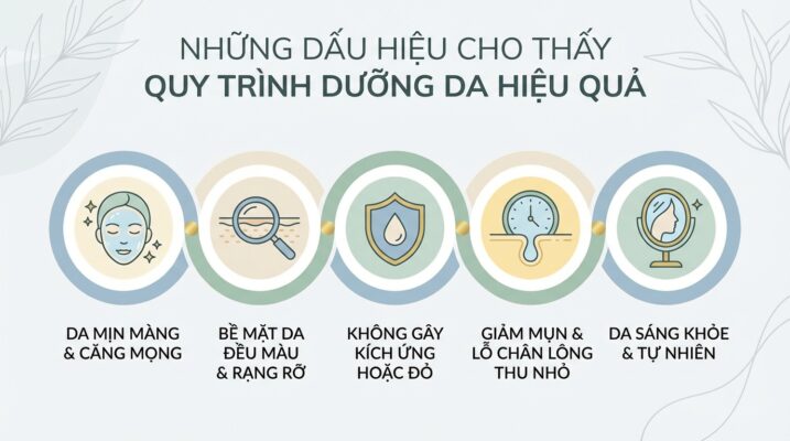 Cô gái đang soi gương với làn da căng bóng và nụ cười hài lòng, thể hiện dấu hiệu quy trình dưỡng da hiệu quả