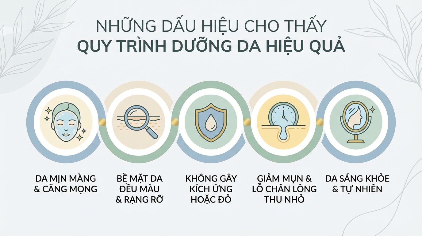 Cô gái đang soi gương với làn da căng bóng và nụ cười hài lòng, thể hiện dấu hiệu quy trình dưỡng da hiệu quả