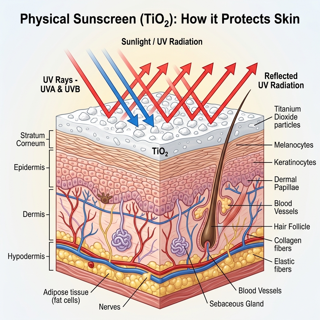 Sơ đồ minh họa màng lọc UV bảo vệ biểu bì không cho tia UV kích hoạt tế bào Melanocytes