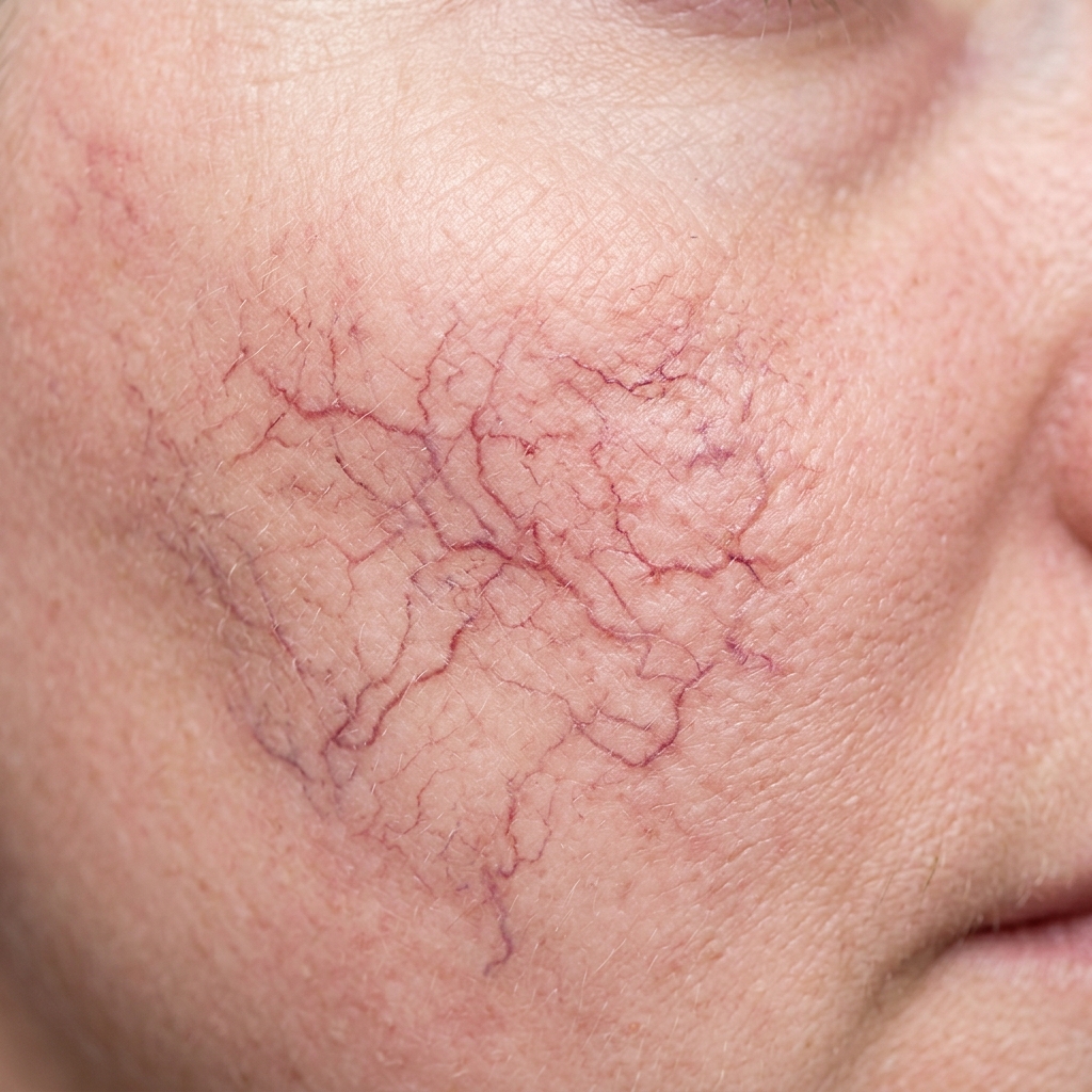 Làn da bị teo mỏng, lộ rõ gân máu mao mạch đỏ do nhiễm độc Corticoid