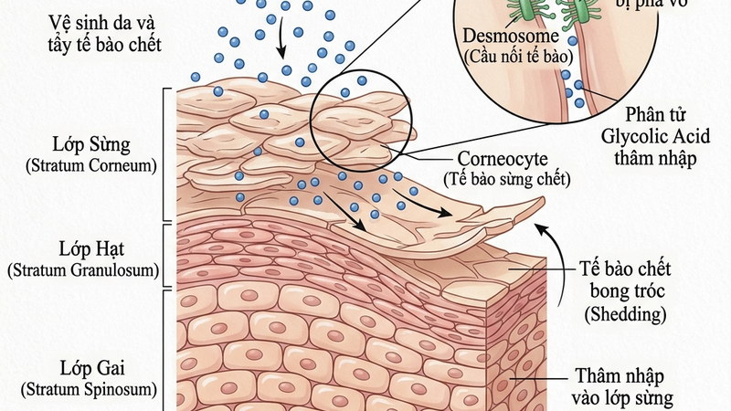 Cơ chế glycolic acid phá desmosomes
