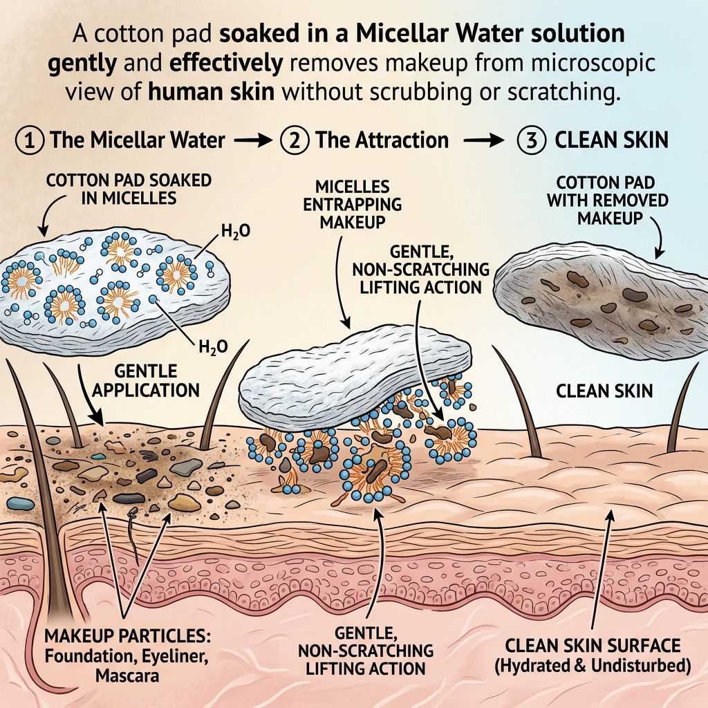 Sơ đồ minh họa hạt Micelle hút bã nhờn mà không làm tổn thương biểu bì