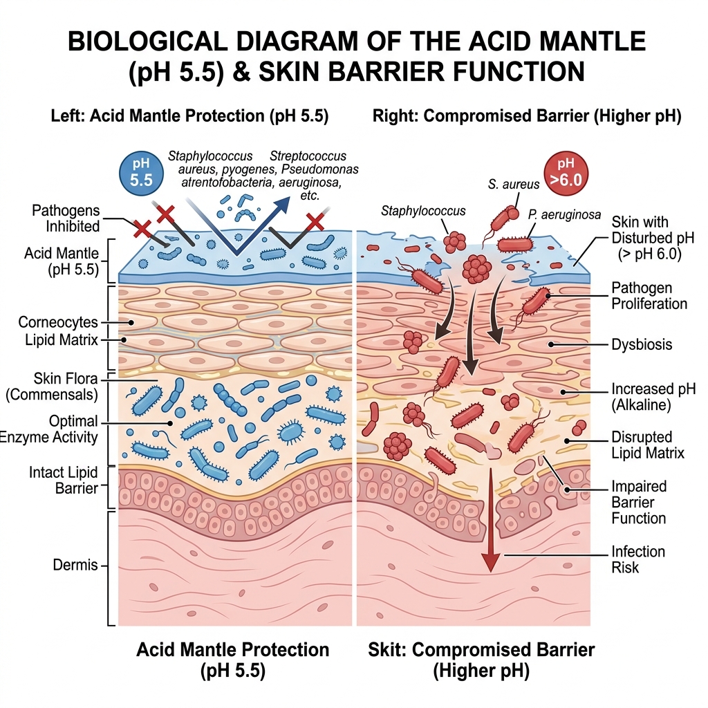 Sơ đồ lớp màng màng Hydrolipid Acid Mantle bảo vệ da ở pH 5.5