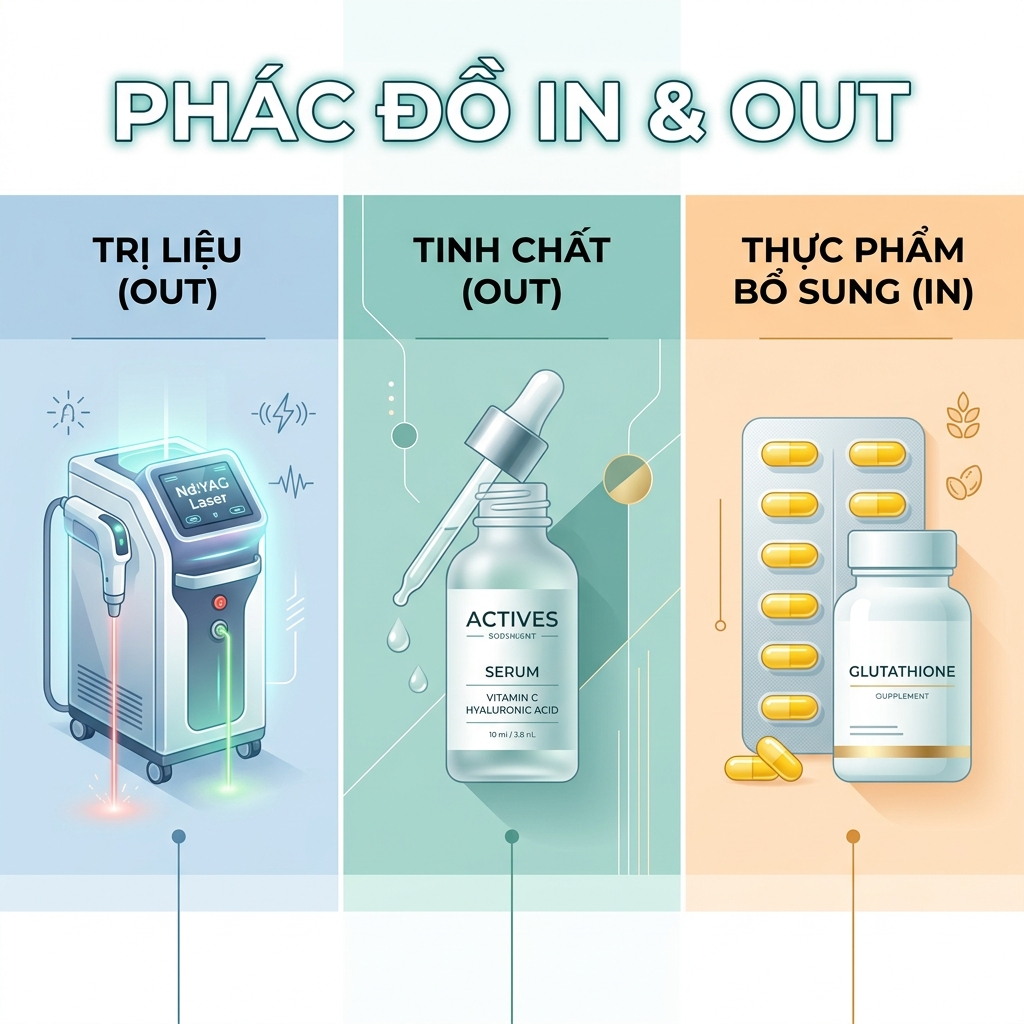 Bảng tóm tắt phác đồ Trong Uống Ngoài Bôi Kết hợp Laser mờ thâm nám