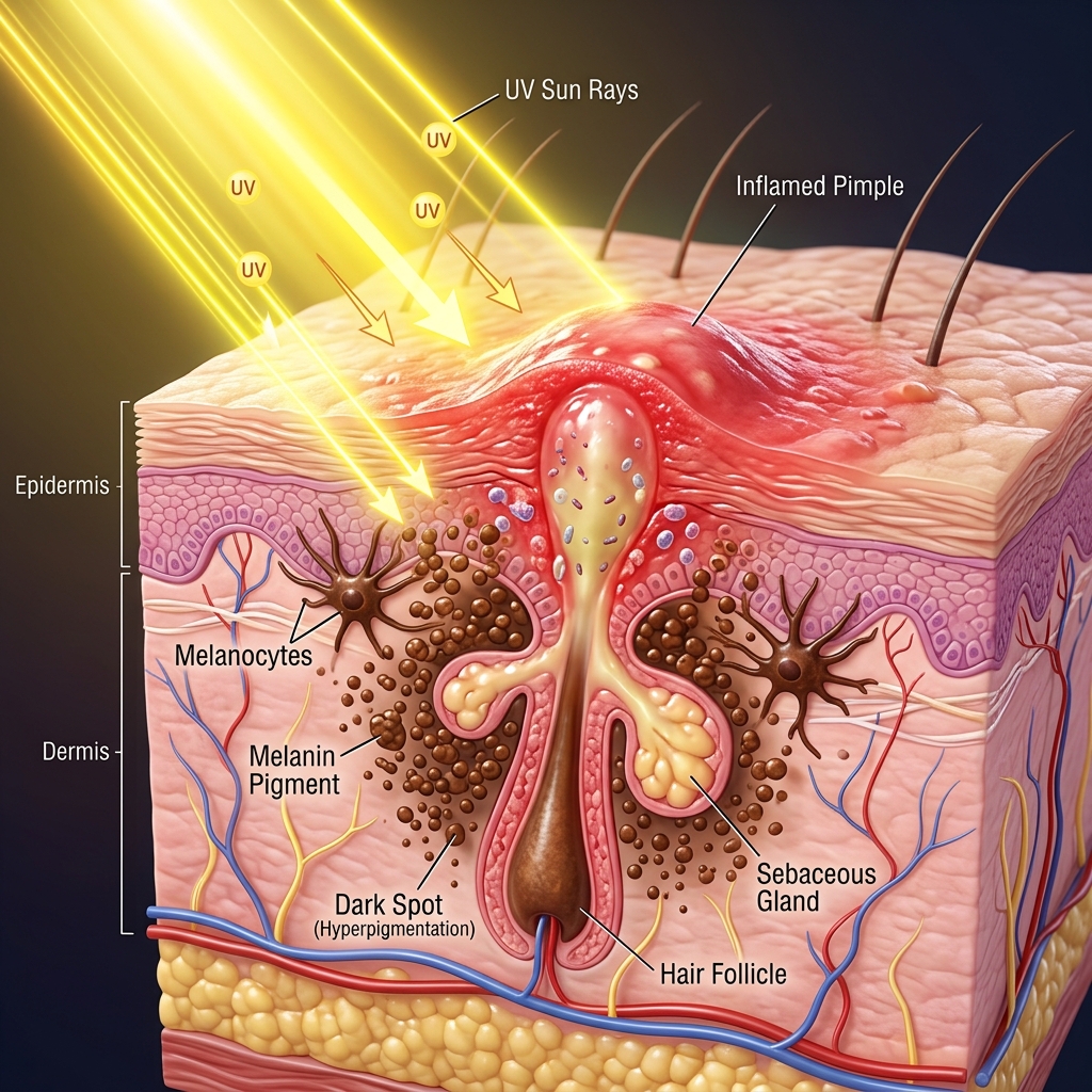 Tia UV làm tăng sinh hắc tố Melanin biến nốt mụn thành vết thâm đen vĩnh viễn