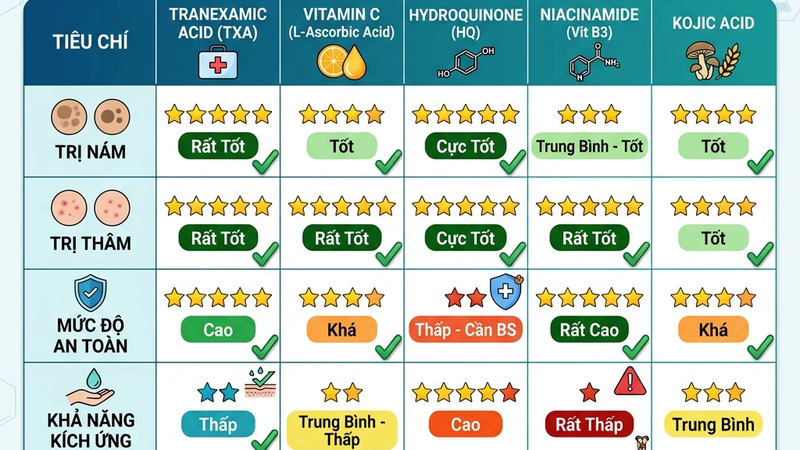 So sánh TXA với các brightening ingredients