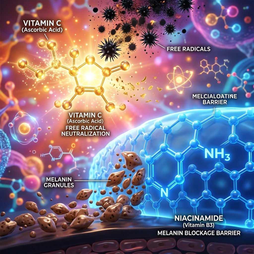 Cơ chế Niacinamide và Vitamin C bảo vệ ngăn Melanin