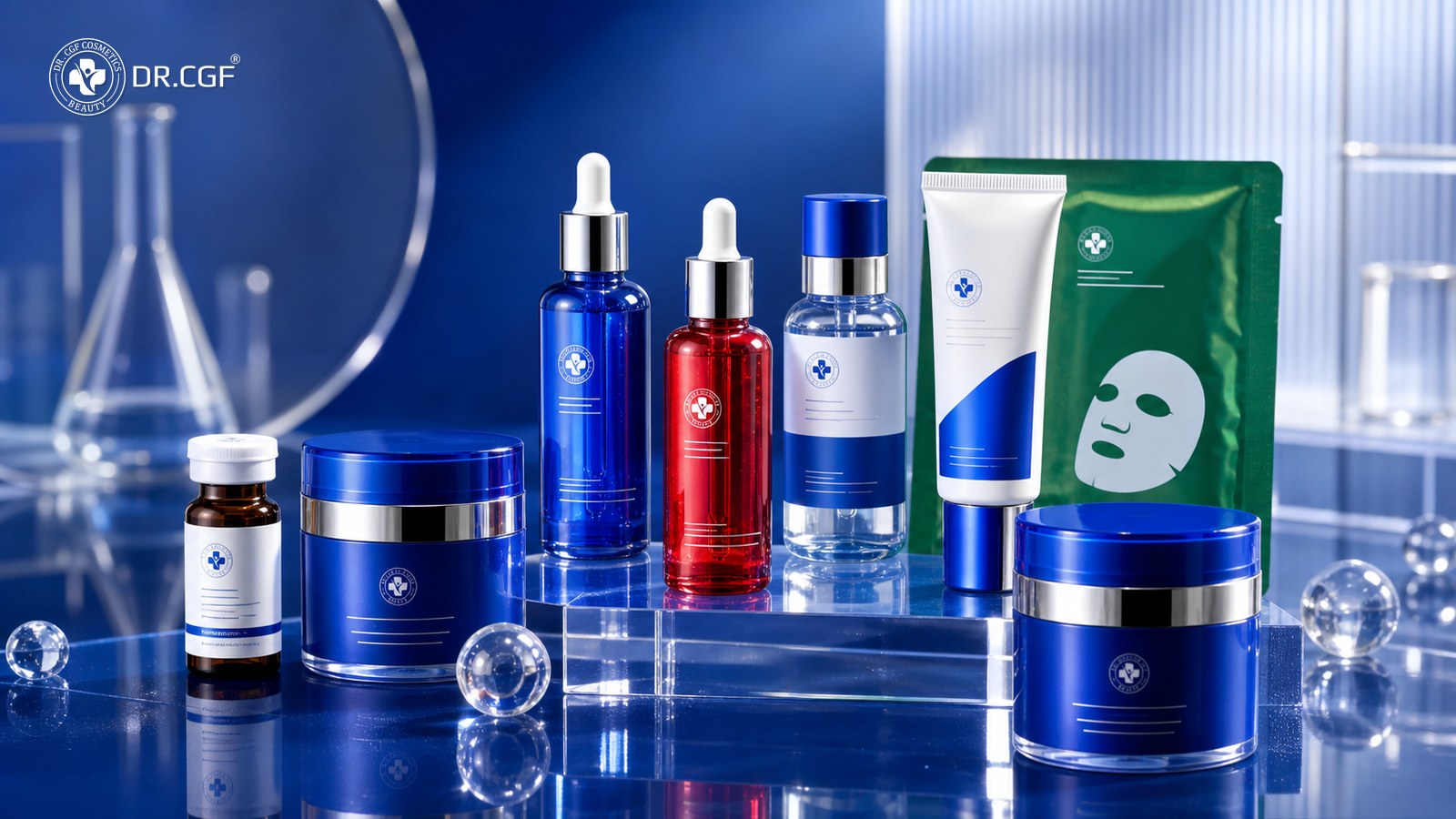 Ảnh editorial tái tạo ampoule hũ kem mặt nạ và kem chống nắng theo tinh thần DR.CGF