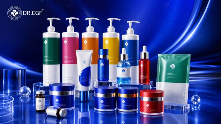 Hình ảnh editorial tái tạo bộ sản phẩm DR.CGF với logo thương hiệu và tông xanh chuyên nghiệp