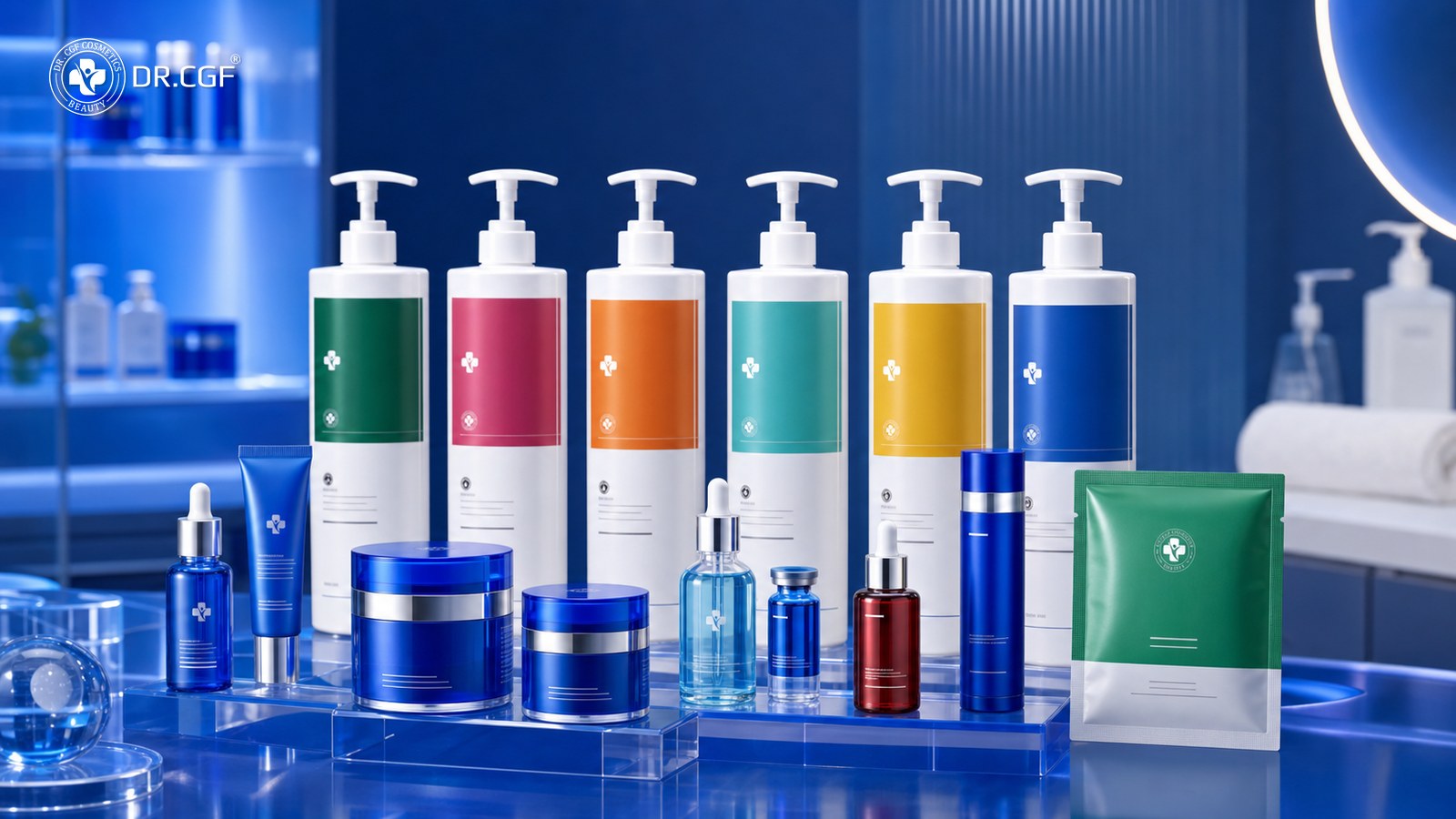 Ảnh tái tạo nhóm sản phẩm DR.CGF dạng professional spa với chai pump và hũ dưỡng