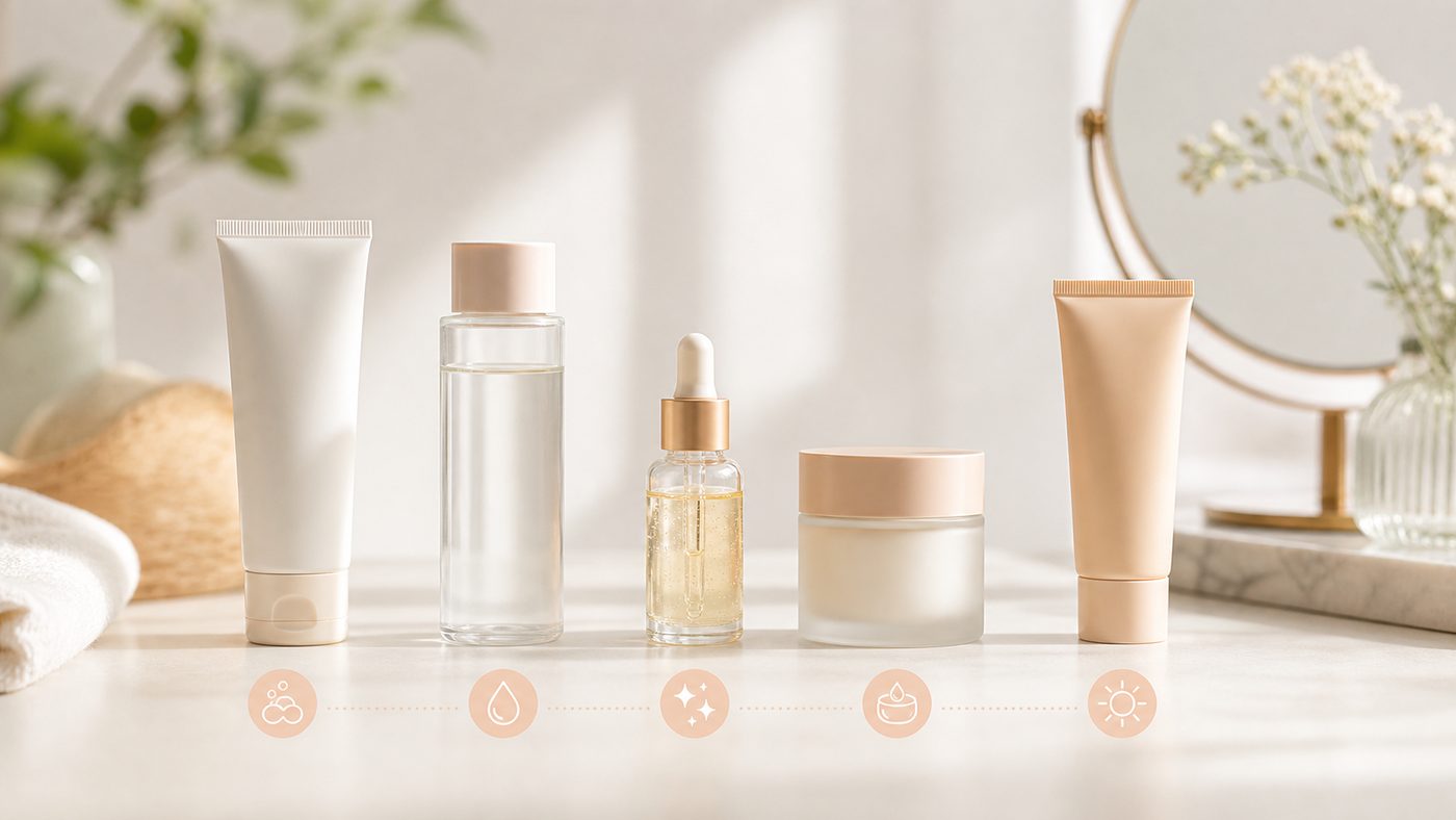 Routine skincare hỗ trợ da đều màu với serum dưỡng sáng và kem chống nắng