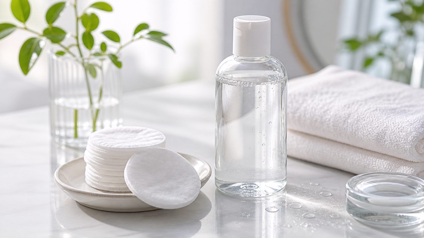 Micellar water và bông cotton cho lớp làm sạch nhẹ